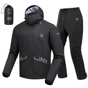 RIDEIRON front view of jacket and pants showing full coverage and pockets for dry storage
