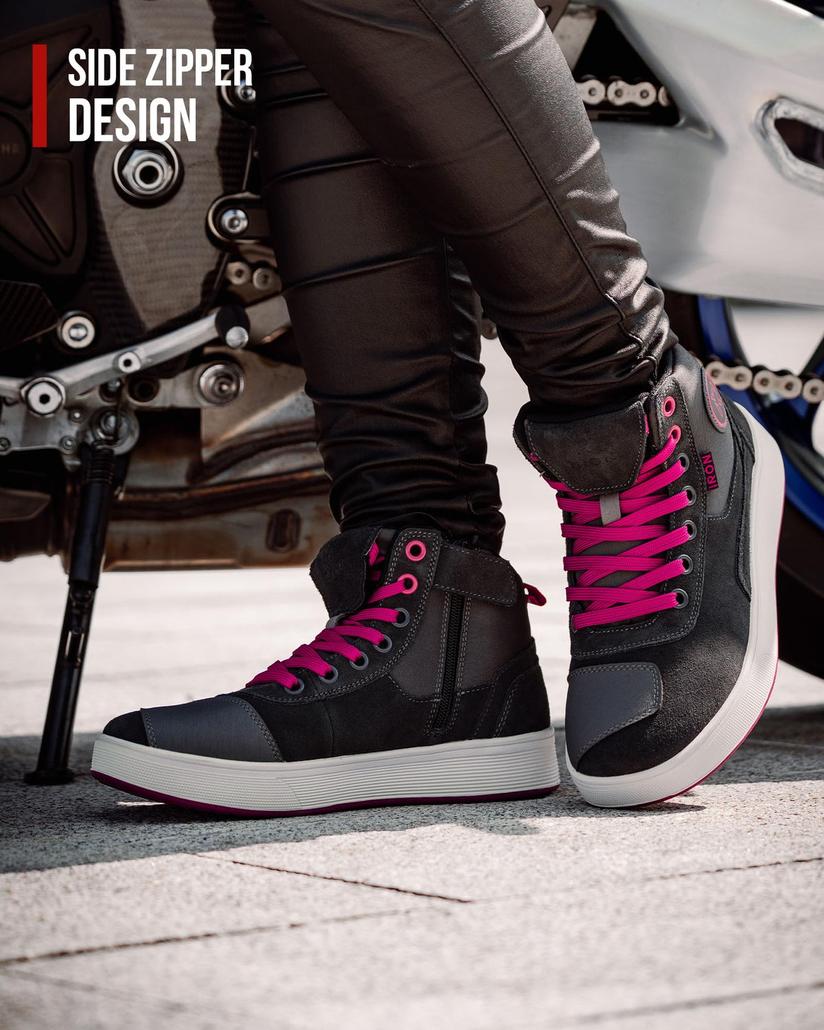 RIDEIRON boot being worn on a motorcycle for real-world use