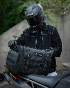 RIDEIRON bag expanded to 60L side view demonstrating extra storage