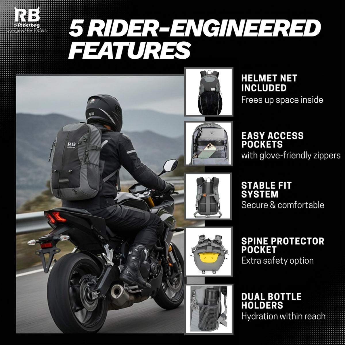 riderbag helmet holder with helmet attached for hands-free carrying
