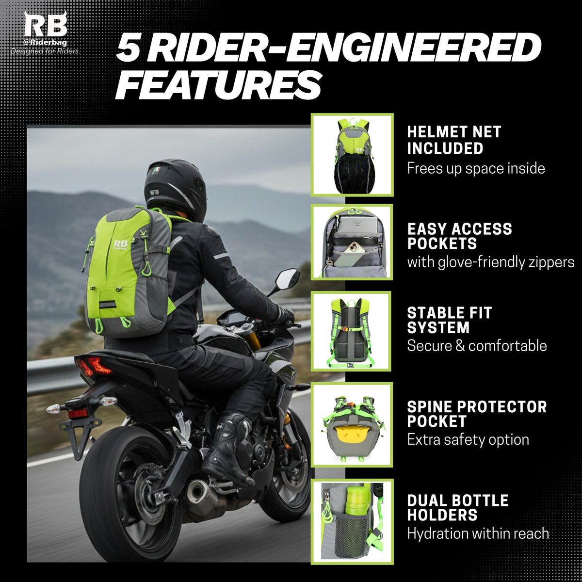 riderbag side pocket with water bottle for quick hydration on the go