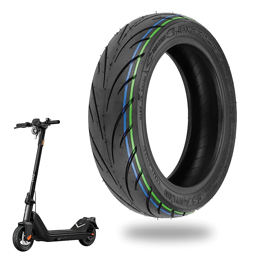 RidTianTek front view of 10-inch tubeless tire showing fit for NIU KQi2 Pro, clear size