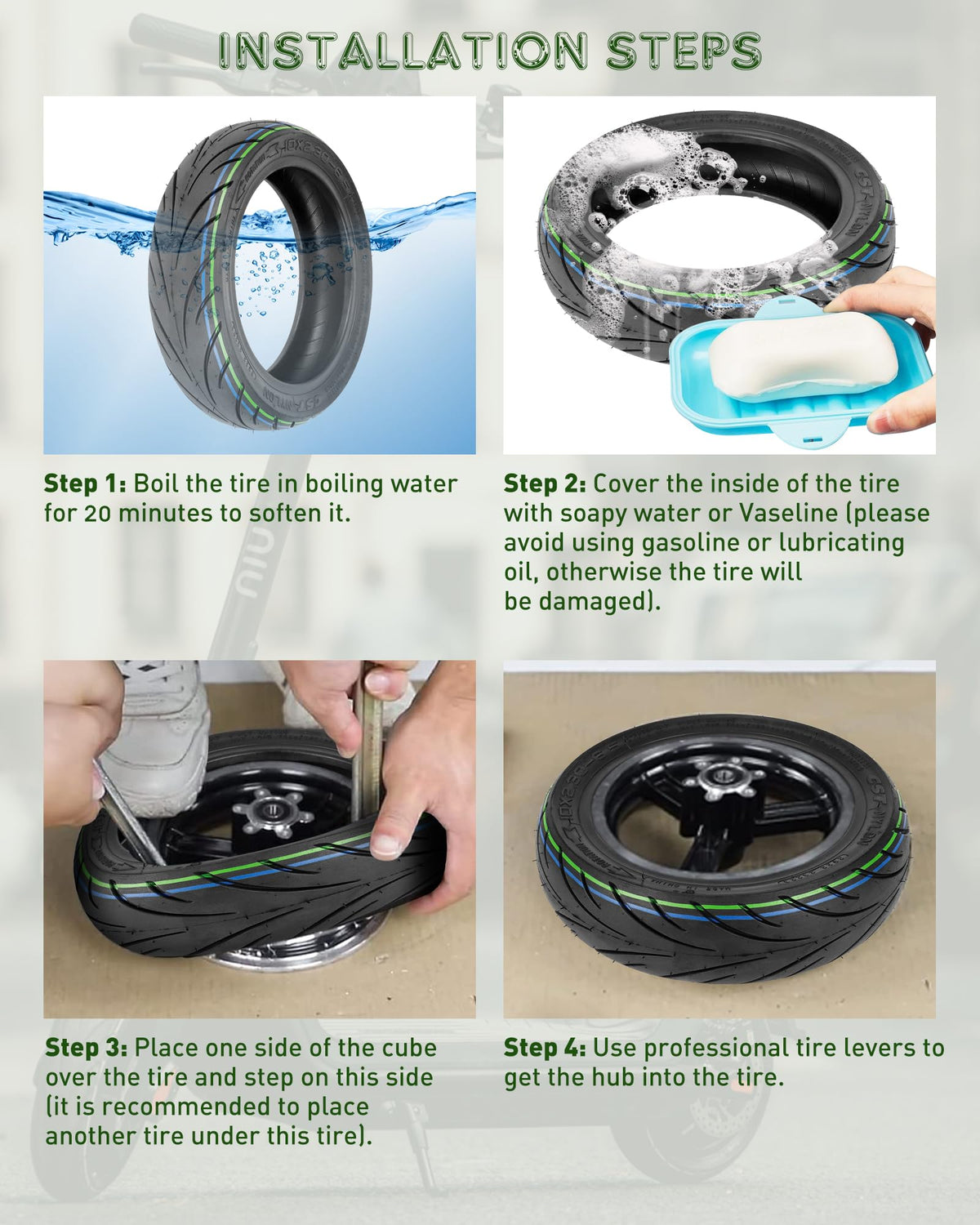 RidTianTek tire beside ruler illustrating outer diameter and tread width for accurate sizing