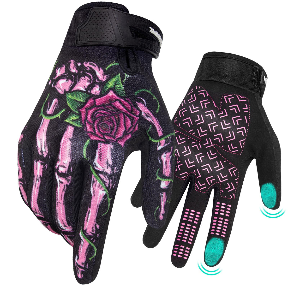 RIGWARL front view of pink skeleton gloves showing style and fit benefit