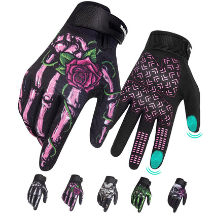 RIGWARL pink skeleton gloves front view showing full-finger fit and style benefit
