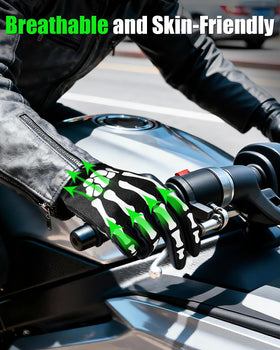 RIGWARL gloves illuminated green in darkness showing glow-in-the-dark visibility