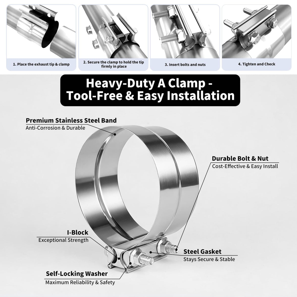 RILMATON stainless steel clamp detail showing secure bolt-on benefit
