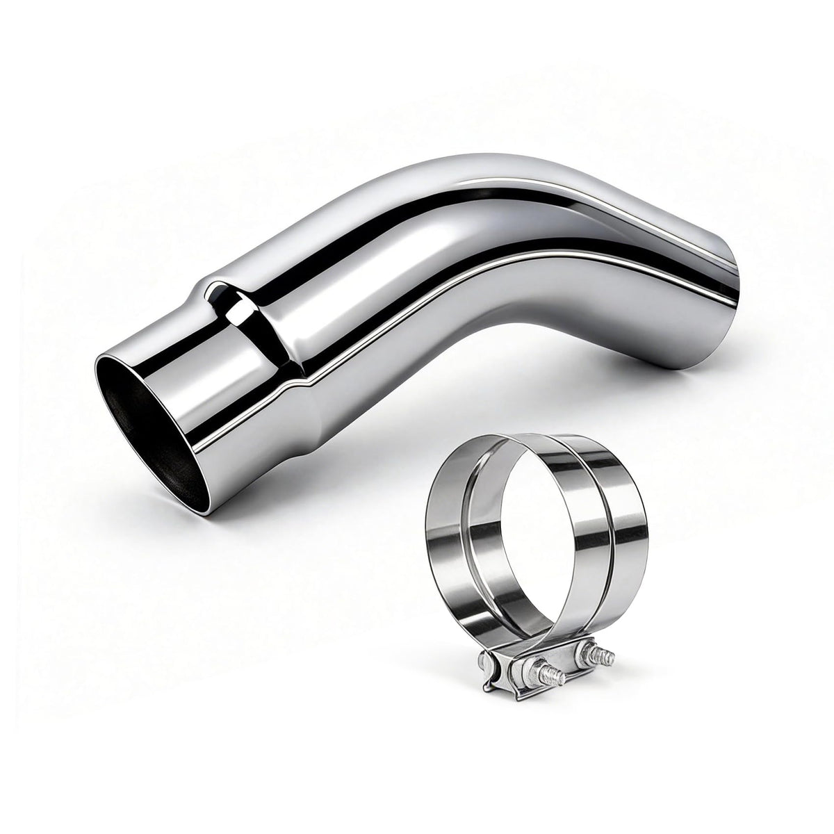 RILMATON front view of chrome exhaust elbow showing shape and fit benefits