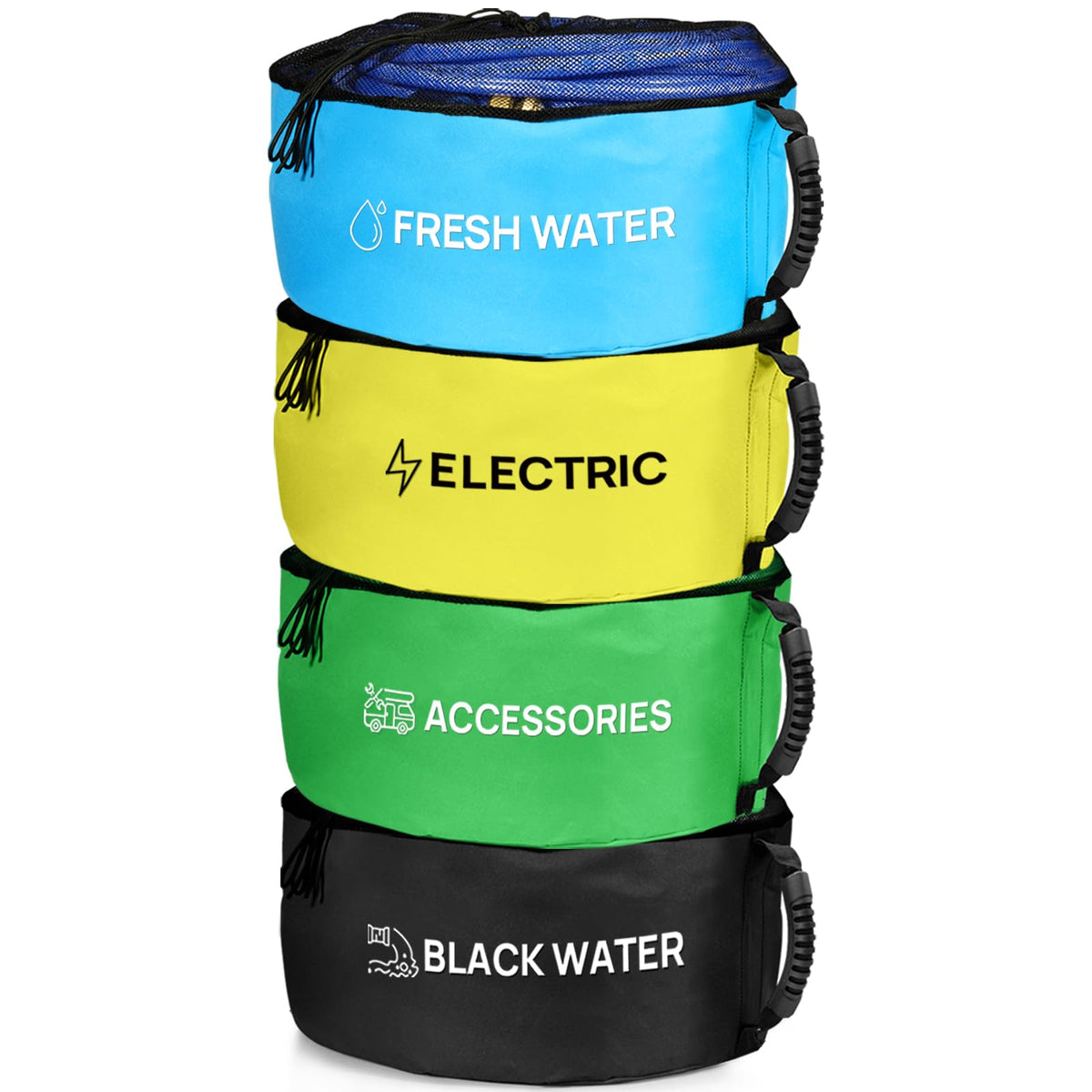 RINBOU front view of four color-coded RV hose storage bags for organized hookups