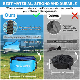 RINBOU bag with coiled hose beside ruler showing spacious 18x12 inch capacity