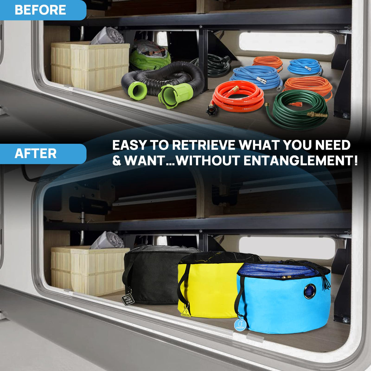RINBOU bags stored in RV bay illustrating tidy storage and easy retrieval