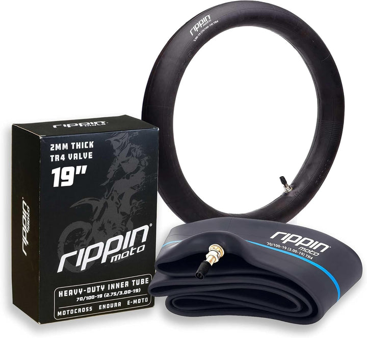 Rippin Moto front view of packaged inner tube showing size and benefit