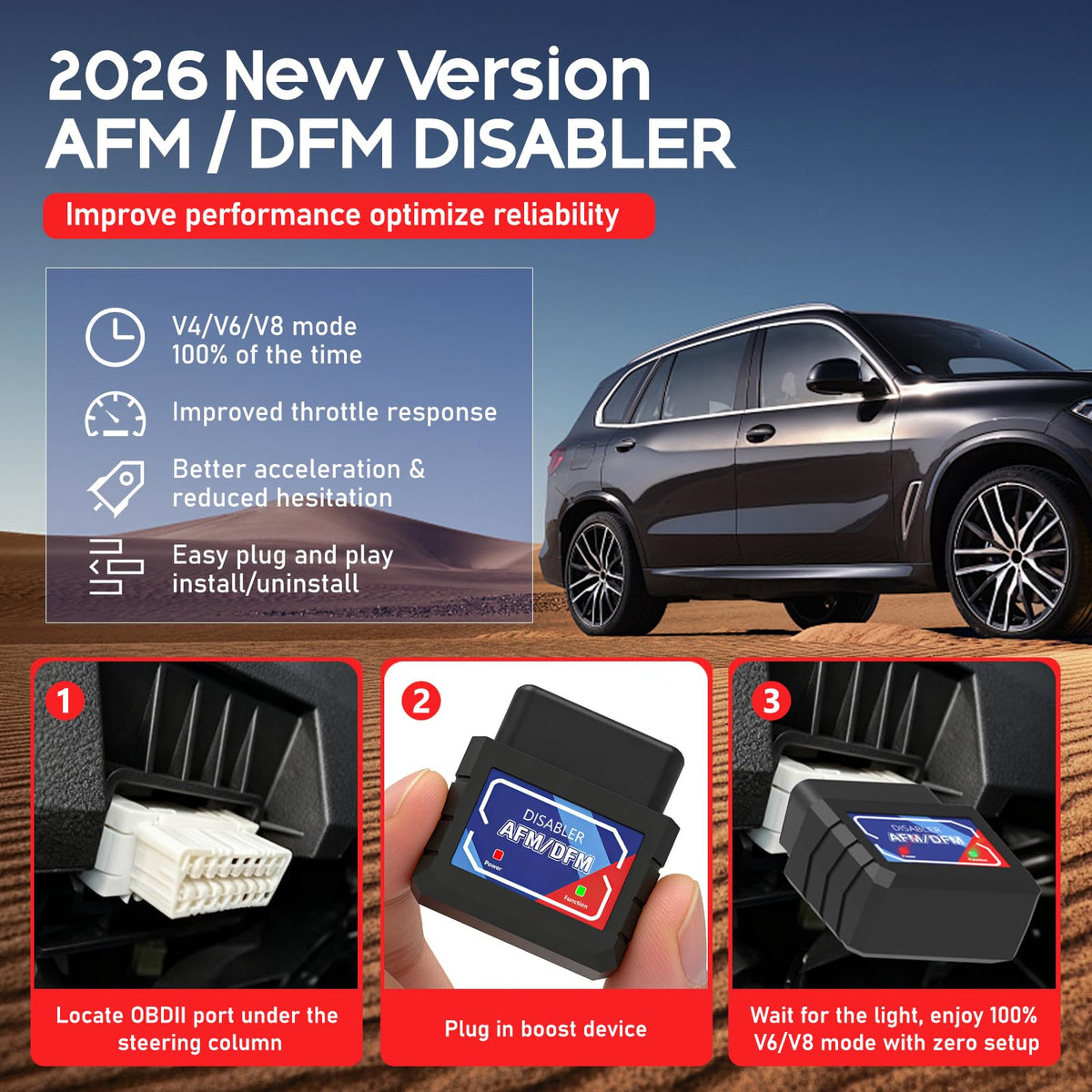 RISEAID AFM Disabler plugged into OBD-II port demonstrating quick plug-and-play benefit
