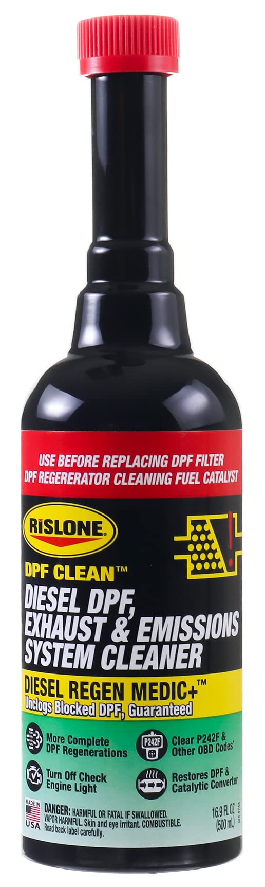 Rislone bottle closeup label displaying directions and safety