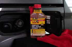Rislone in a garage beside a car demonstrating regular maintenance benefits