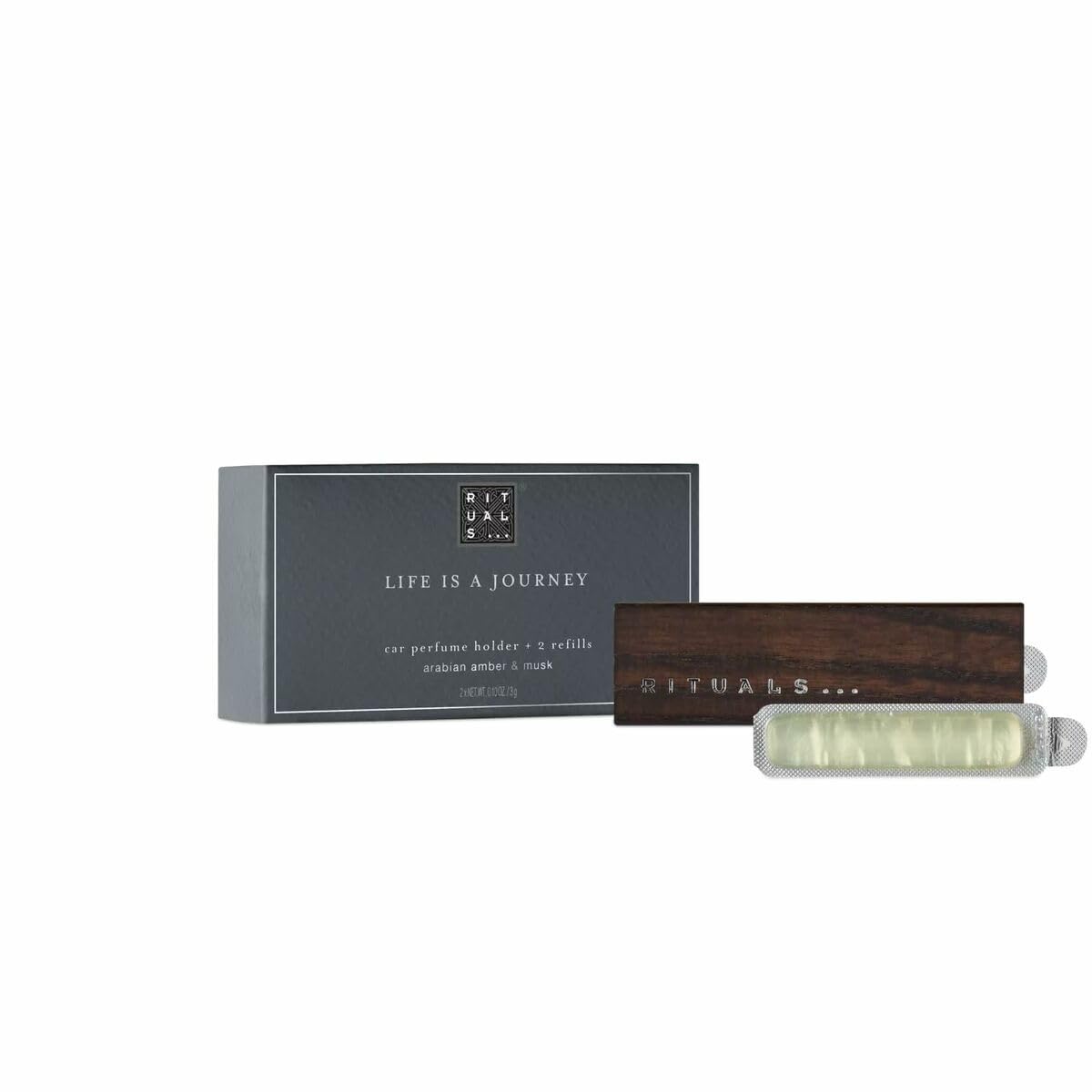 RITUALS two 3g refills beside ruler showing compact size and longlasting scent