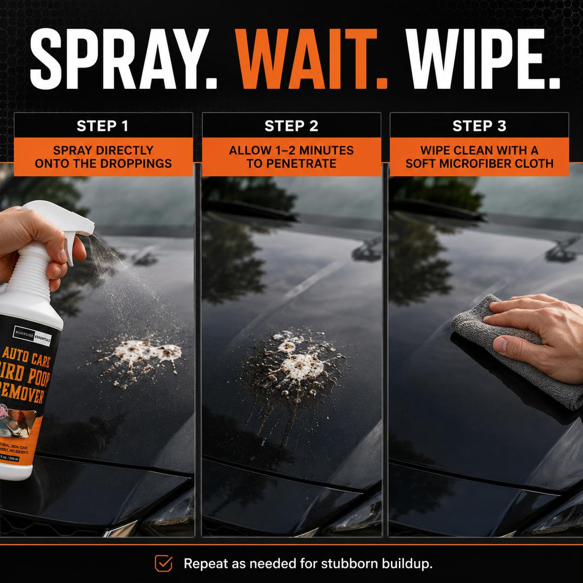 Riverside Essentials before and after car panel showing removed bird droppings and restored paint benefit