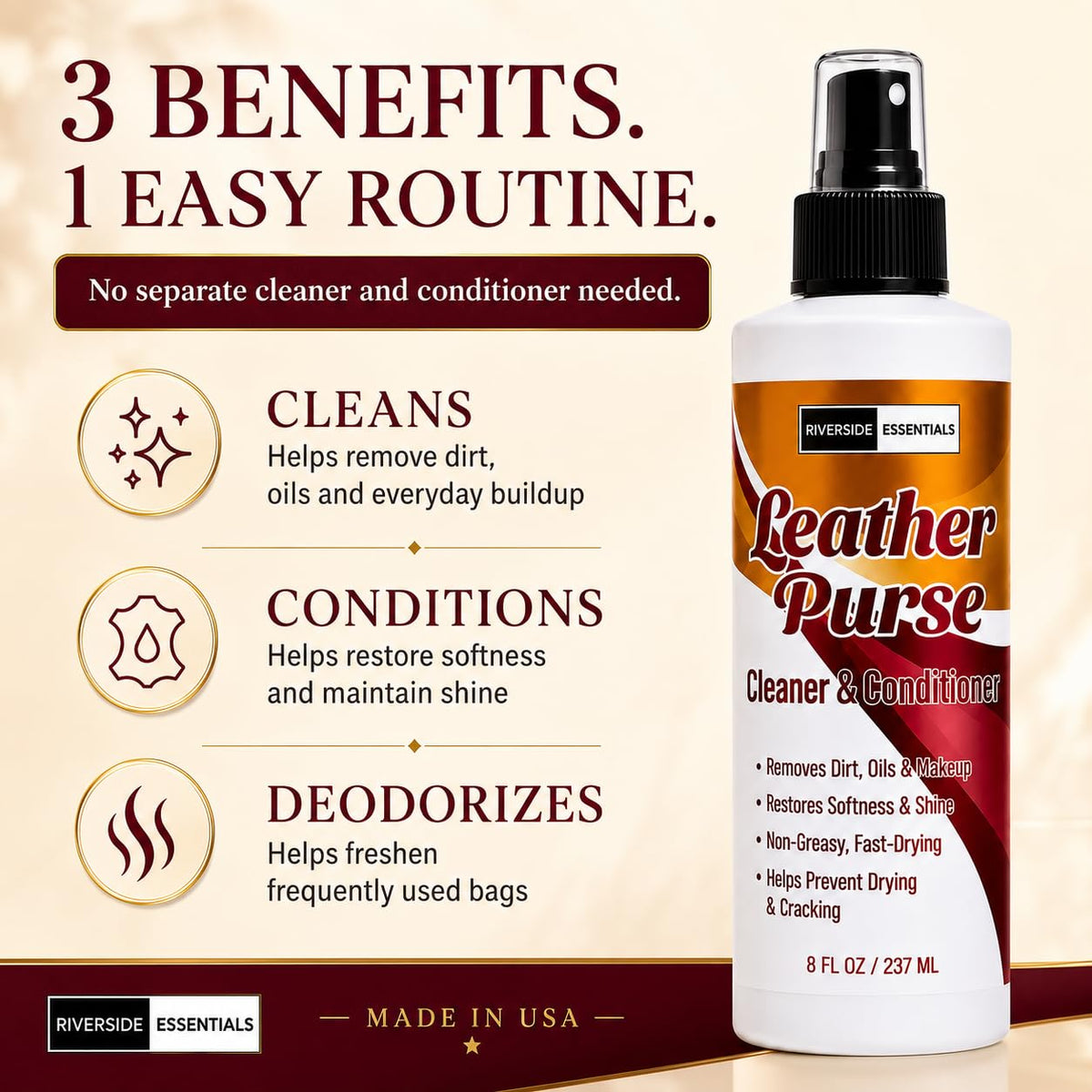 Riverside Essentials spray action misting onto leather for easy cleaning