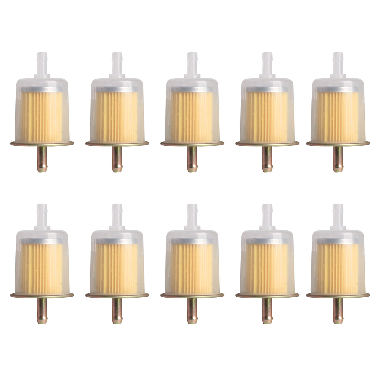 Riyhch front view of ten inline fuel filters for easy inventory management and fast replacement
