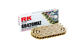 RK Racing Chain front view showing gold 108-link chain and clip master link benefit: easy visual identification