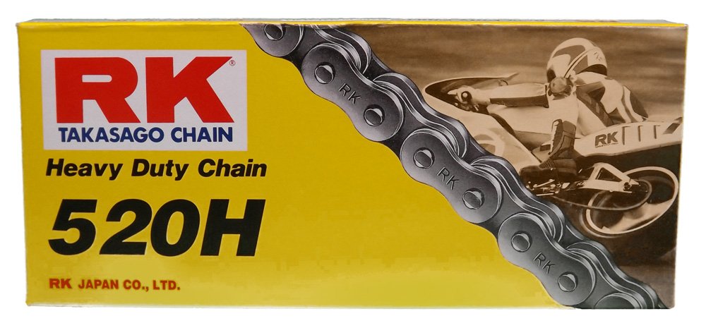 RK Racing Chain front view showing full 120-link chain and label, highlights durability
