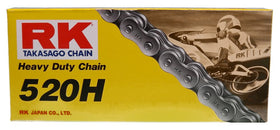 RK Racing Chain front view showing full 120-link chain and label, highlights durability