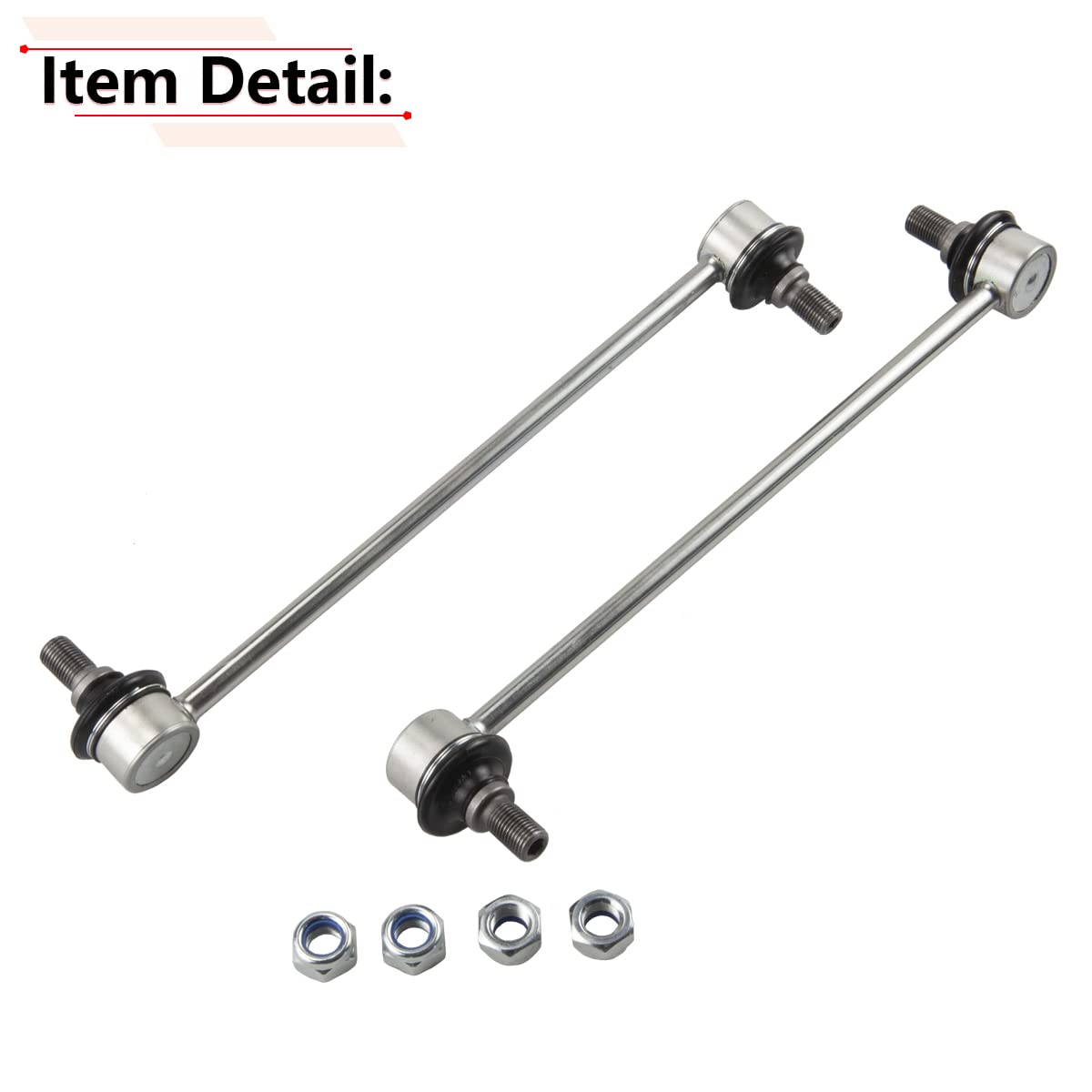 RLB-HILON sway bar links beside ruler showing scale to confirm correct length and fit for OEM 48820-47010