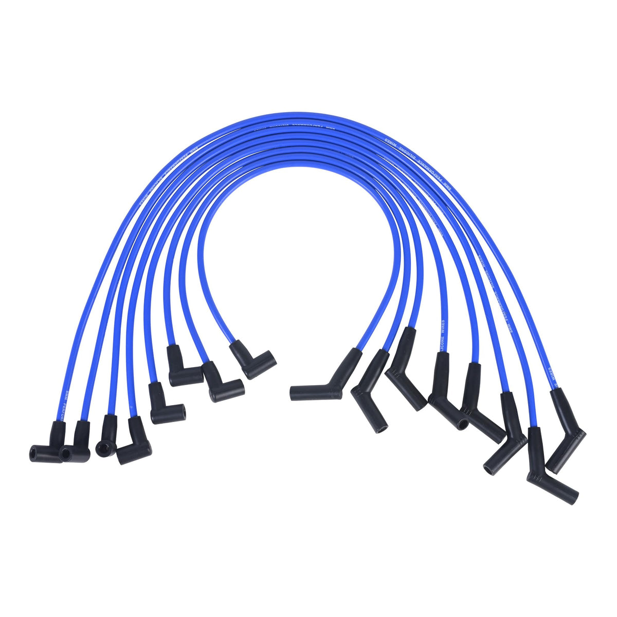 RLP front view of blue spark plug wire set showing neat packaging and complete eight-wire kit benefit