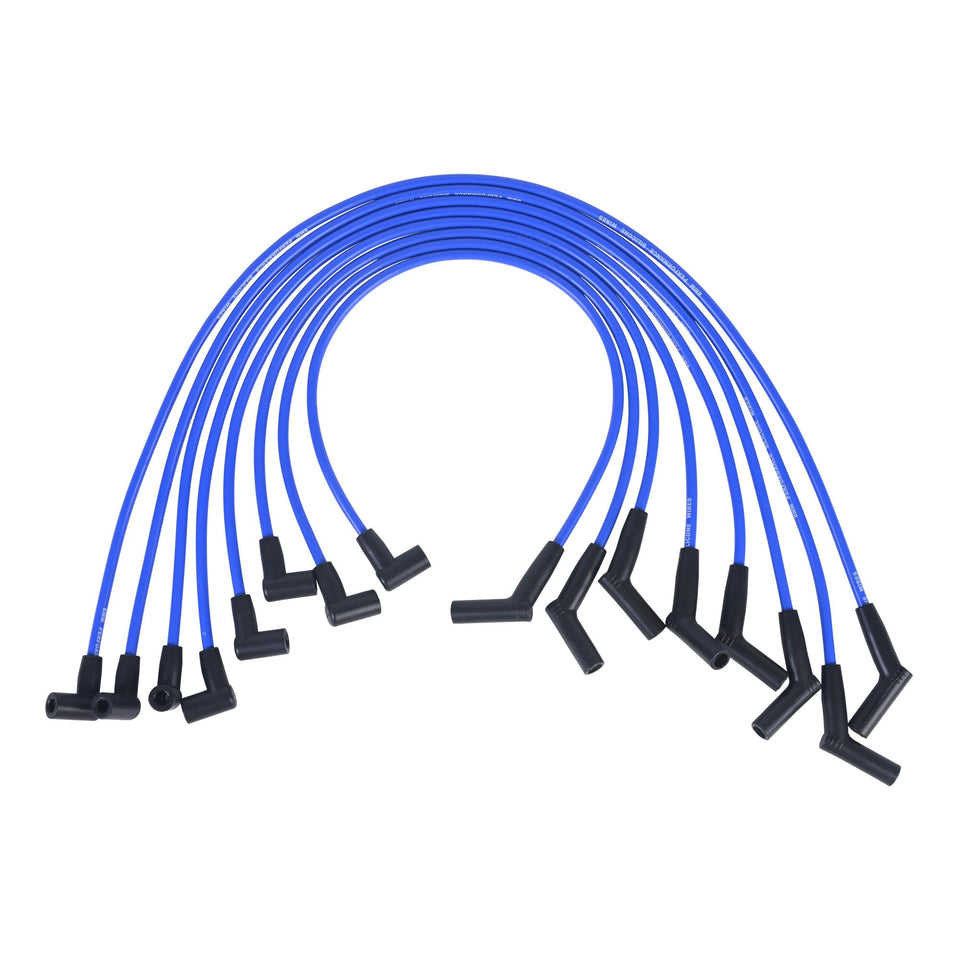 RLP front view of blue spark plug wire set showing neat packaging and complete eight-wire kit benefit