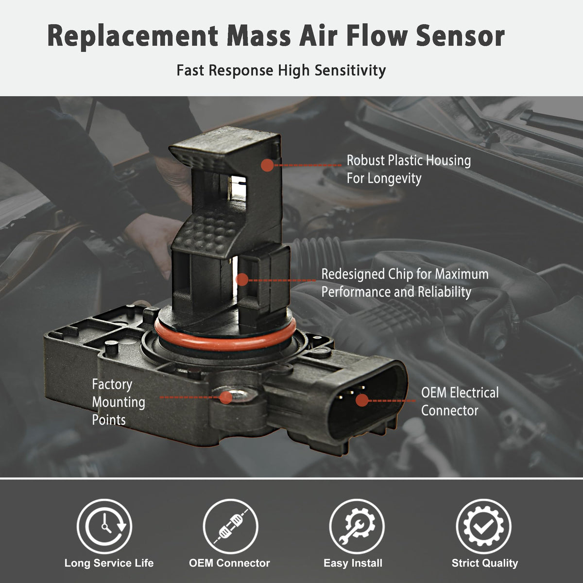 RLP MAF sensor connector detail illustrating secure electrical connection benefit