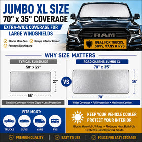 Road Charms folded Jumbo XL shade inside compact pouch for easy transport and storage
