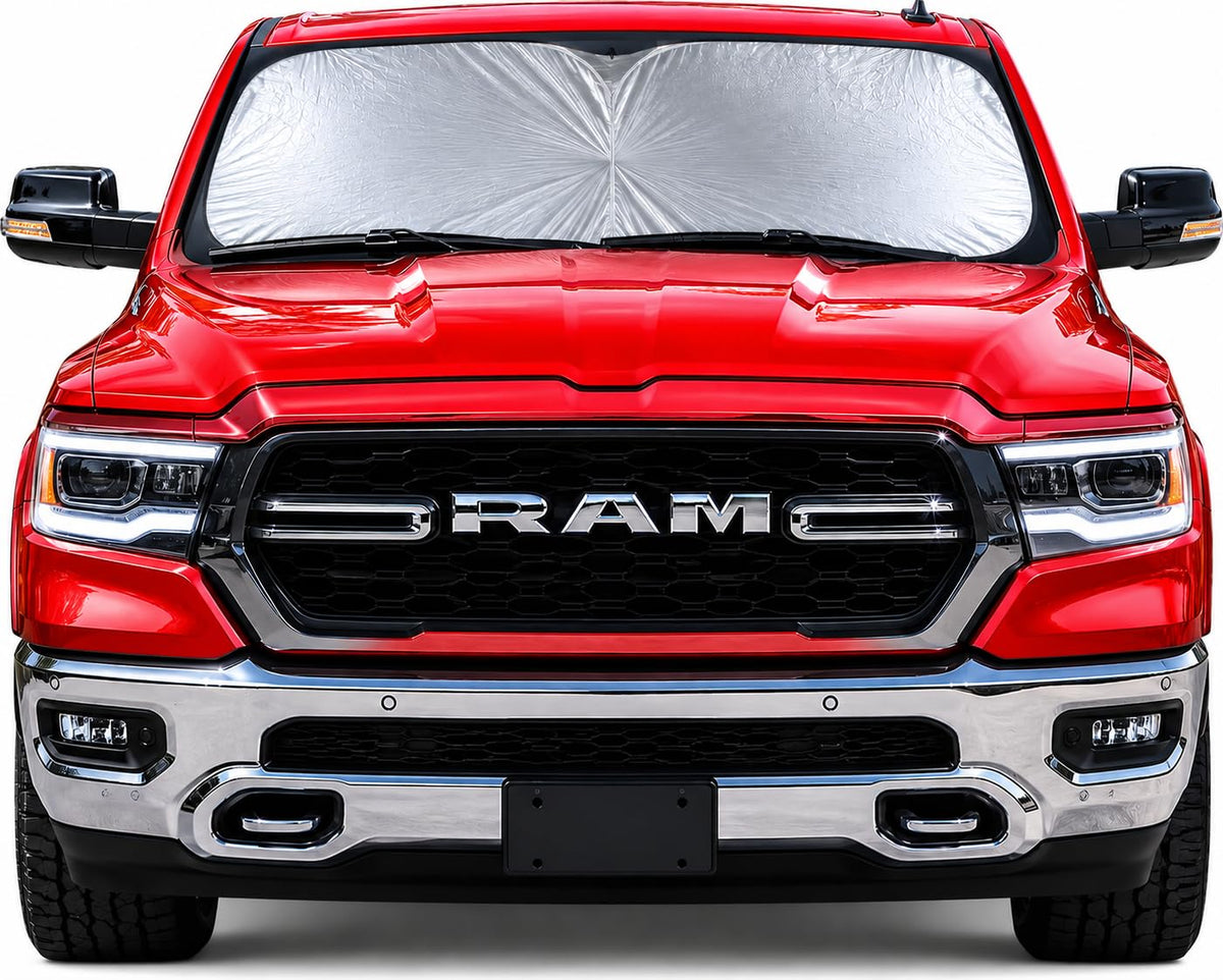 Road Charms front view of Jumbo XL shade showing full windshield coverage and cooling benefit