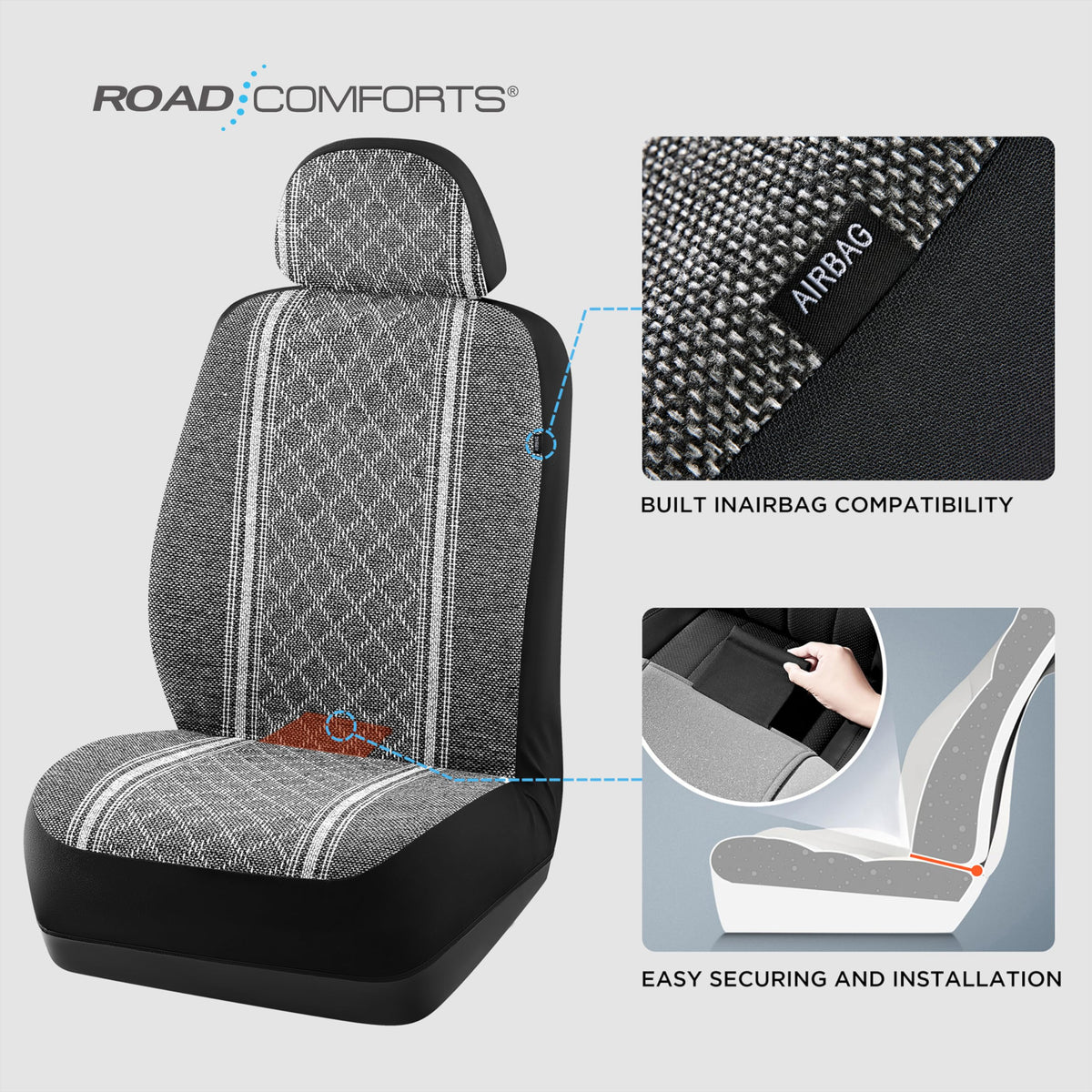 Road Comforts airbag stitching seam demonstrating side airbag compatibility