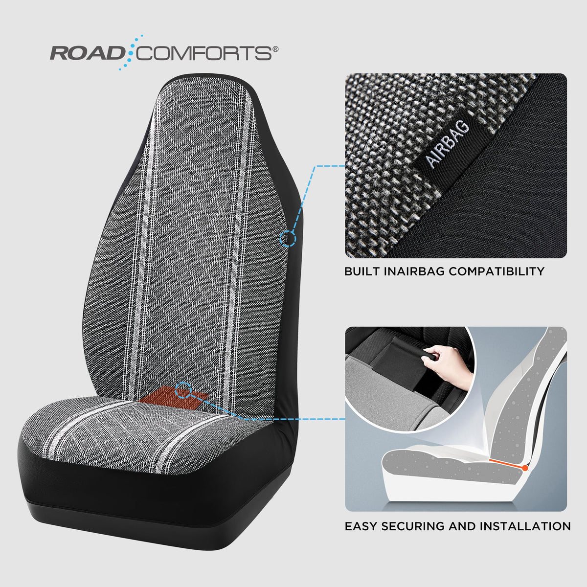 Road Comforts side seam close-up demonstrating airbag-compatible tear seam