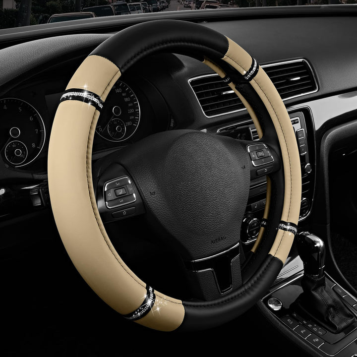 Road Comforts beige steering wheel cover front view showing fit and style benefit