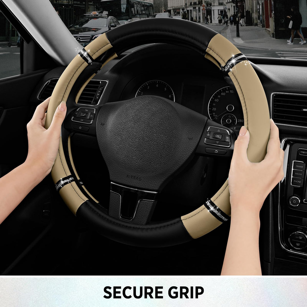 Road Comforts cover beside ruler showing universal 14.5–15.5" fit benefit