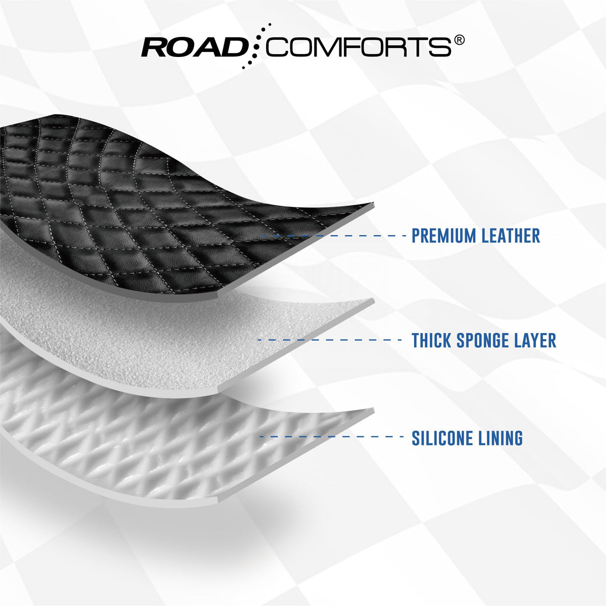 Road Comforts stitching and color contrast detail emphasizing premium look