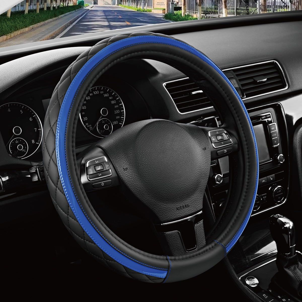 Road Comforts front view of black and blue cover showing sporty style and protection