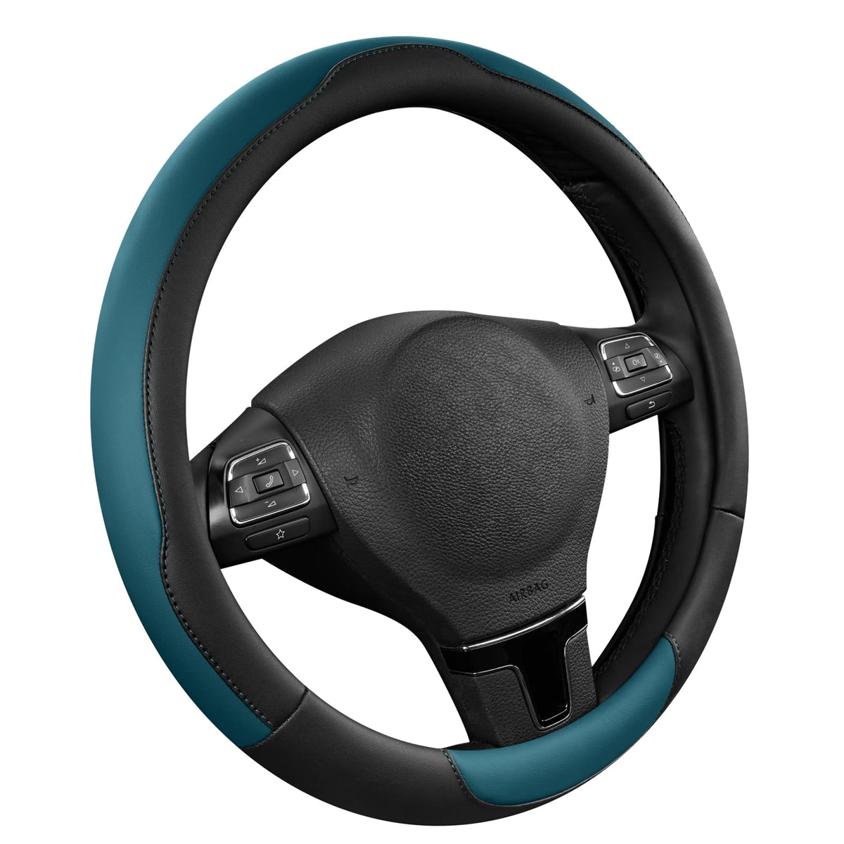 Road Comforts front view of blue steering wheel cover showing fit and color benefit