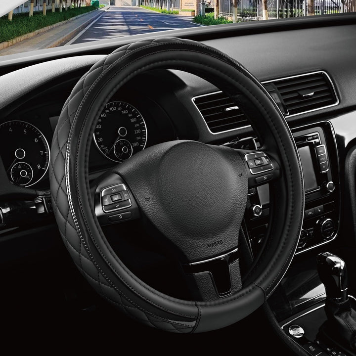 Road Comforts front view showing sleek black steering wheel cover enhancing style