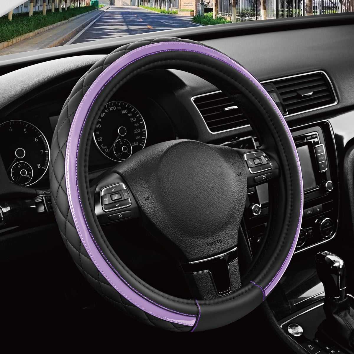 Road Comforts front view of black and purple steering wheel cover showing style and improved grip