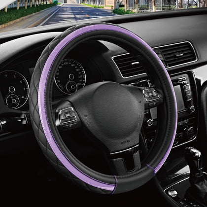 Road Comforts front view of black and purple steering wheel cover showing style and improved grip