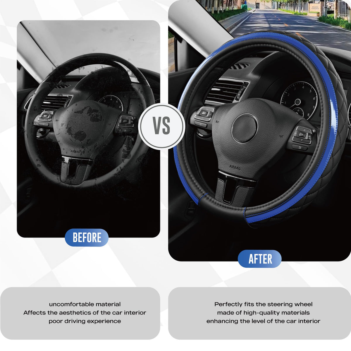 Road Comforts cover installed on steering wheel showing improved grip and feel
