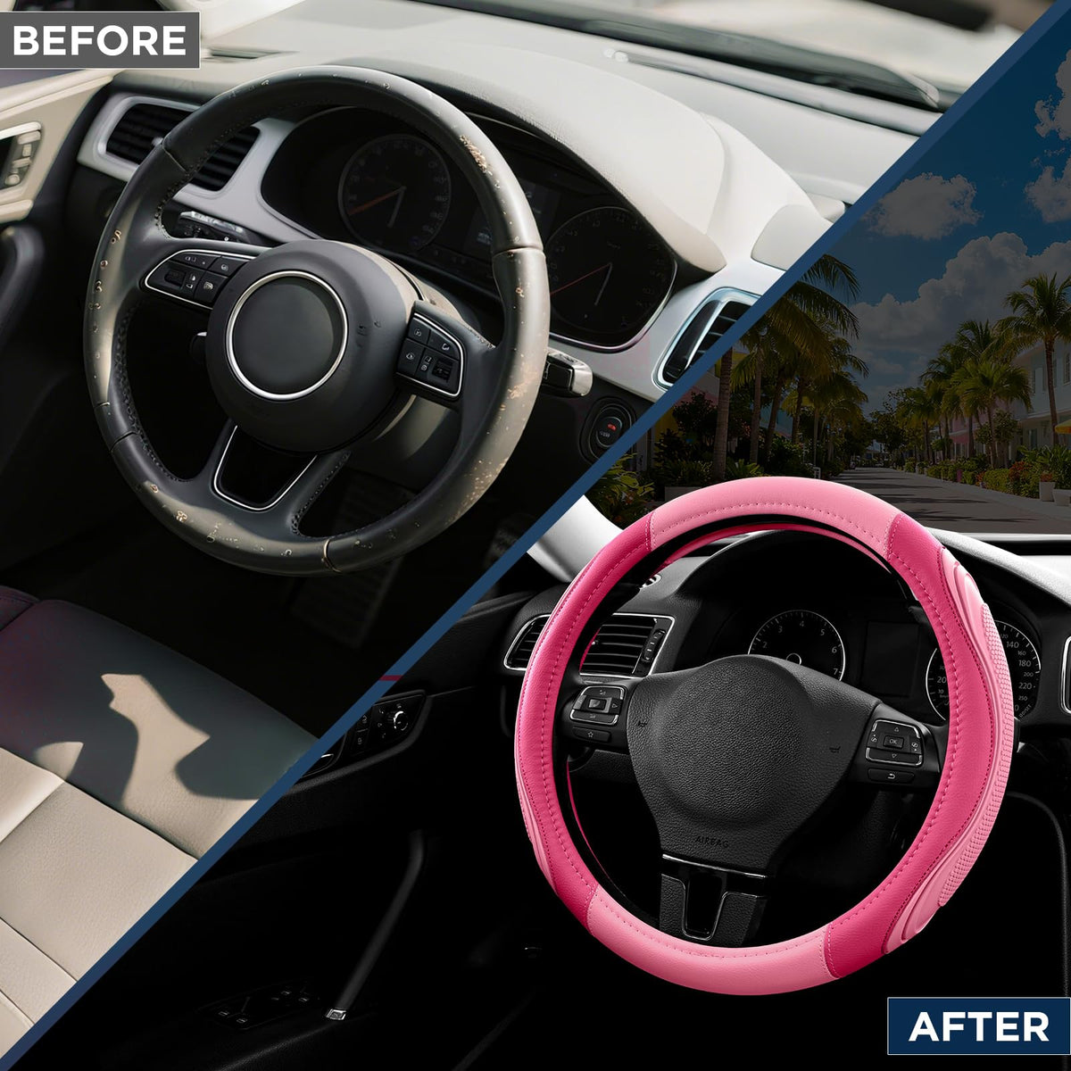Road Comforts installed on steering wheel showing improved grip benefit