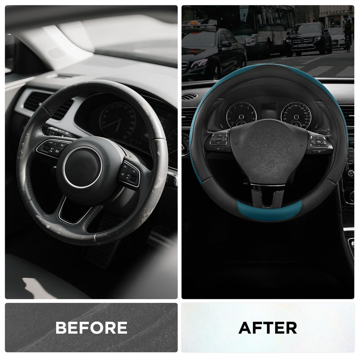 Road Comforts cover installed on steering wheel demonstrating secure, no-slip hold