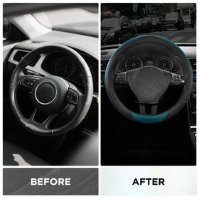 Road Comforts cover installed on steering wheel demonstrating secure, no-slip hold