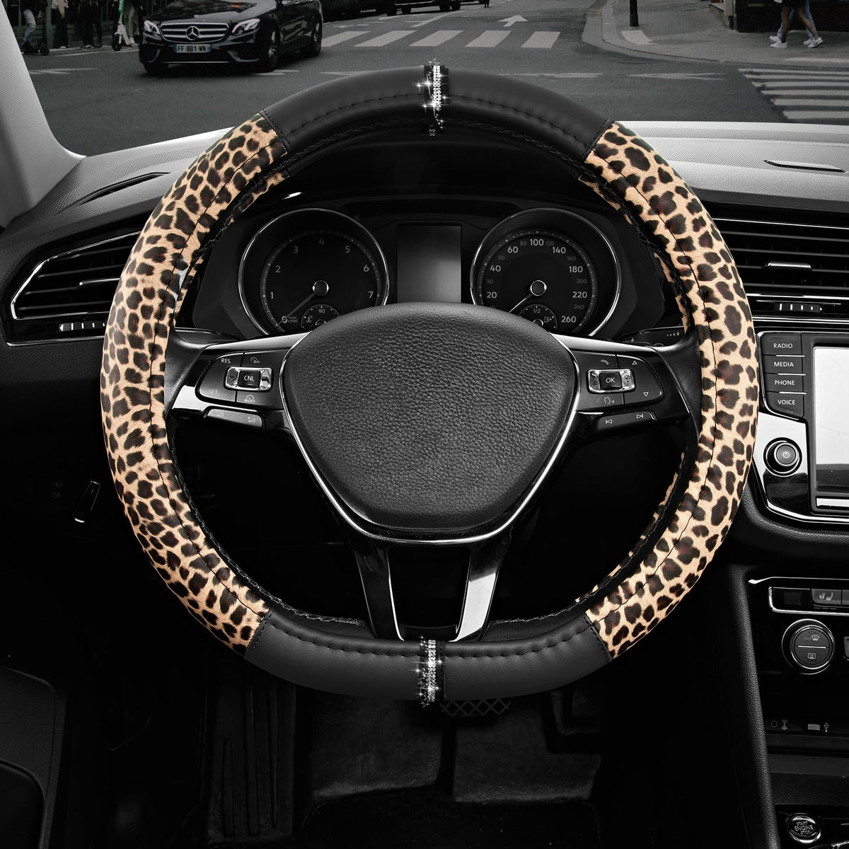 Road Comforts front view showing leopard steering wheel cover — stylish grip benefit