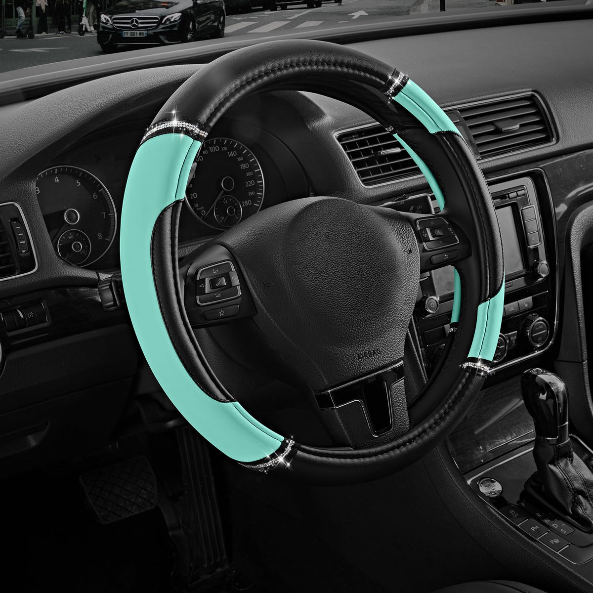 Road Comforts mint cover in car interior showing stylish upgrade and sun protection