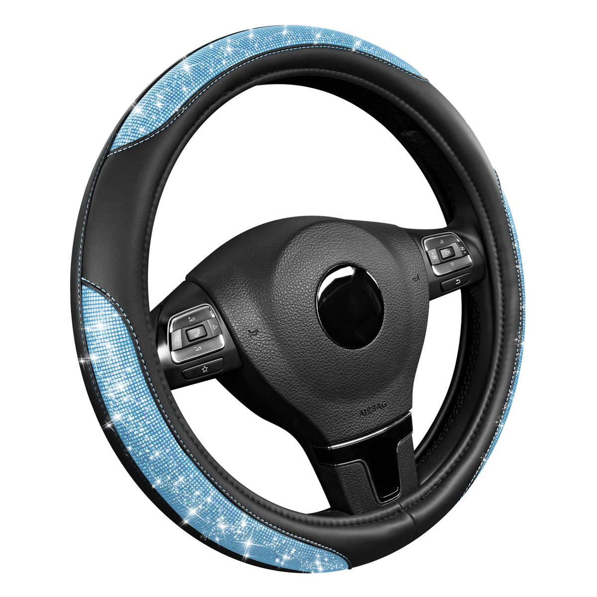 Road Comforts front view showing light blue glitter cover and elegant look