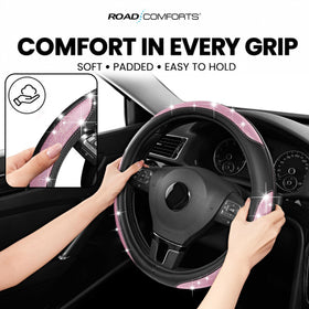 Road Comforts cover installed on steering wheel, improves grip and driving comfort